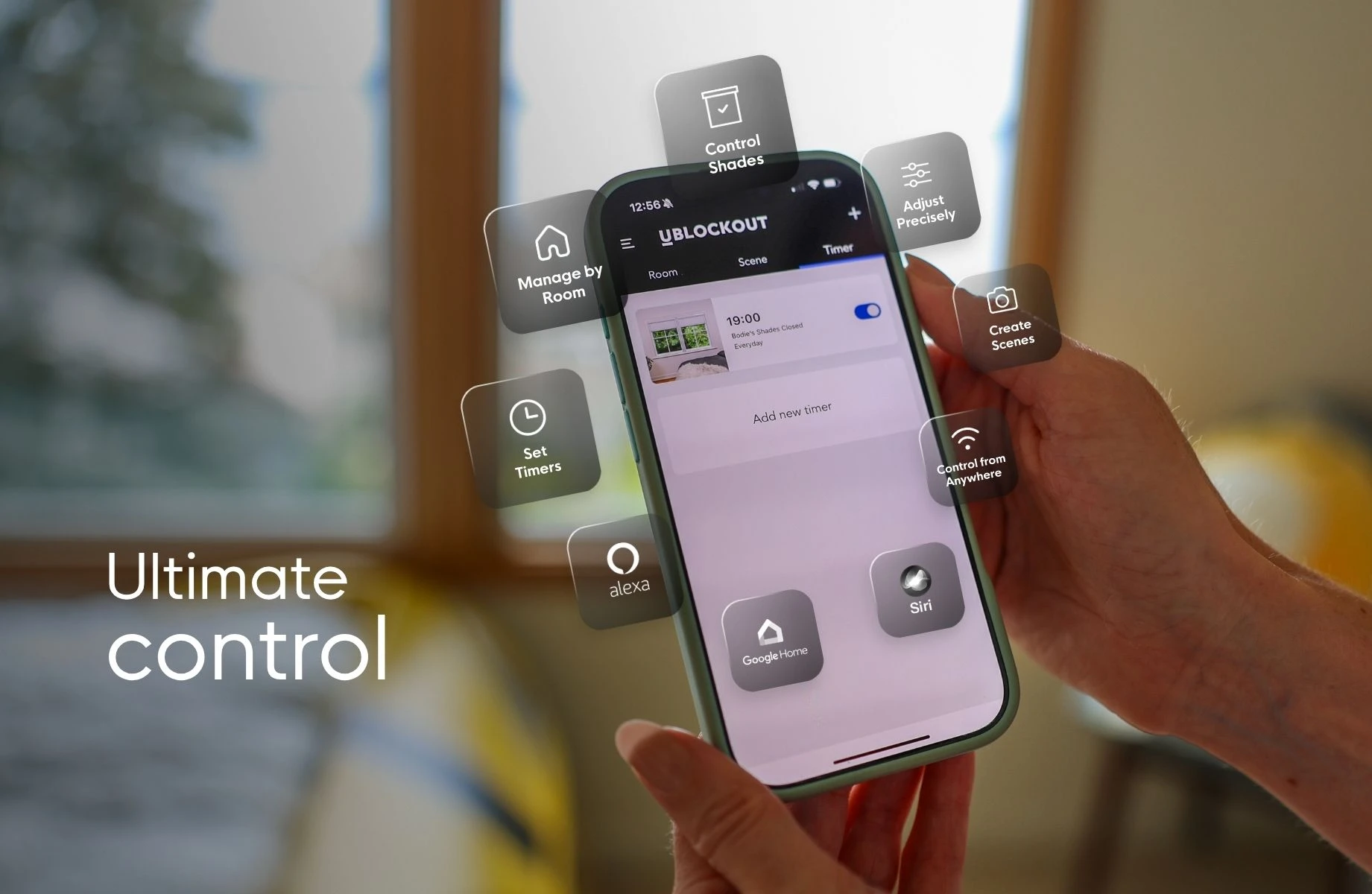 Ultimate control — the UBlockout app controls shades by room, sets timers and scenes, and works with Alexa, Google Home and Siri