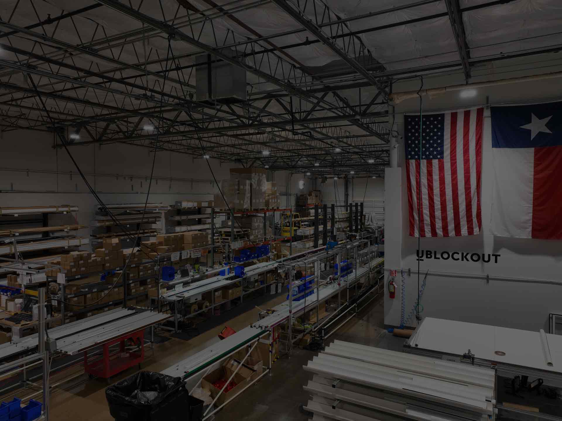 Factory drone footage of the UBlockout workshop in Dallas, Texas